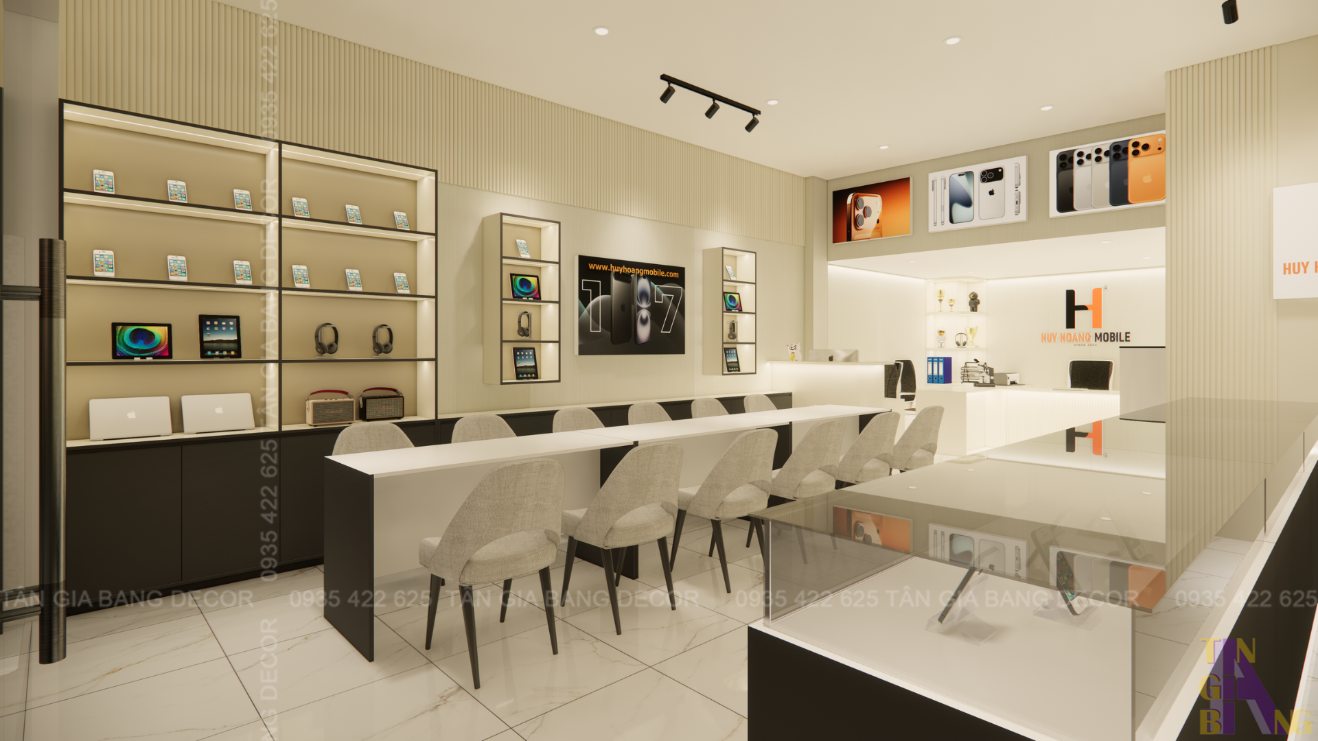 Thiết kế khu vực bán hàng bên trái shop điện thoại Huy Hoàng