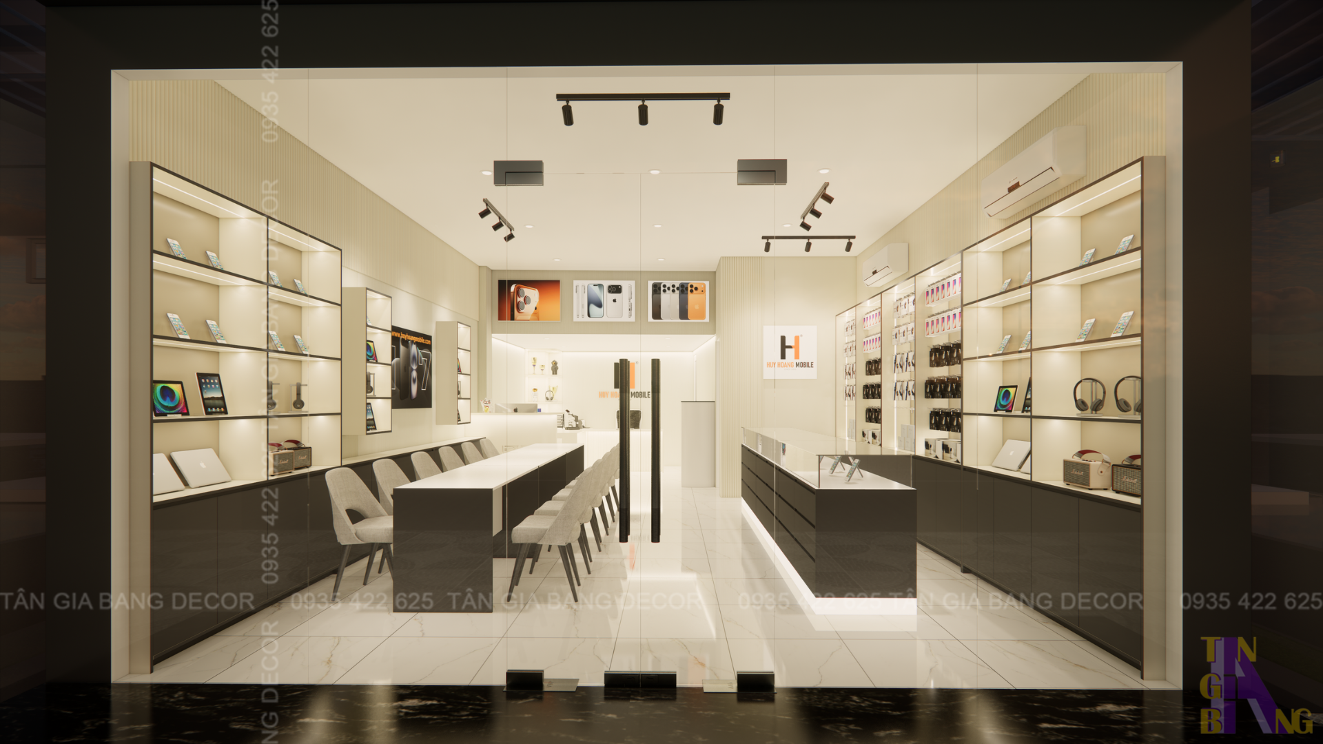 Thiết kế mặt tiền shop điện thoại Huy Hoàng từ bên ngoài nhìn vào