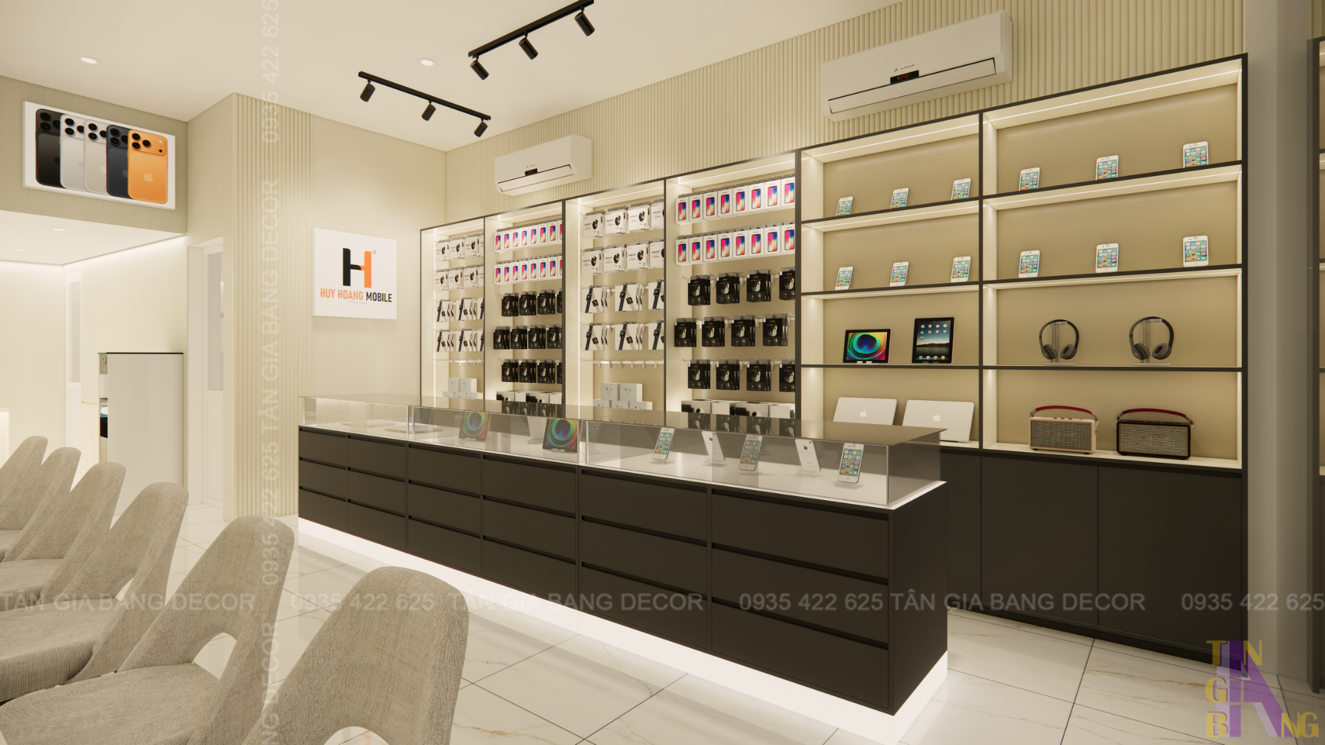 Thiết kế khu vực bán hàng bên phải shop điện thoại Huy Hoàng