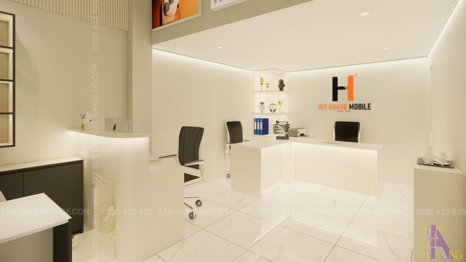 Thiết kế khu vực làm việc và quầy lễ tân shop điện thoại Huy Hoàng