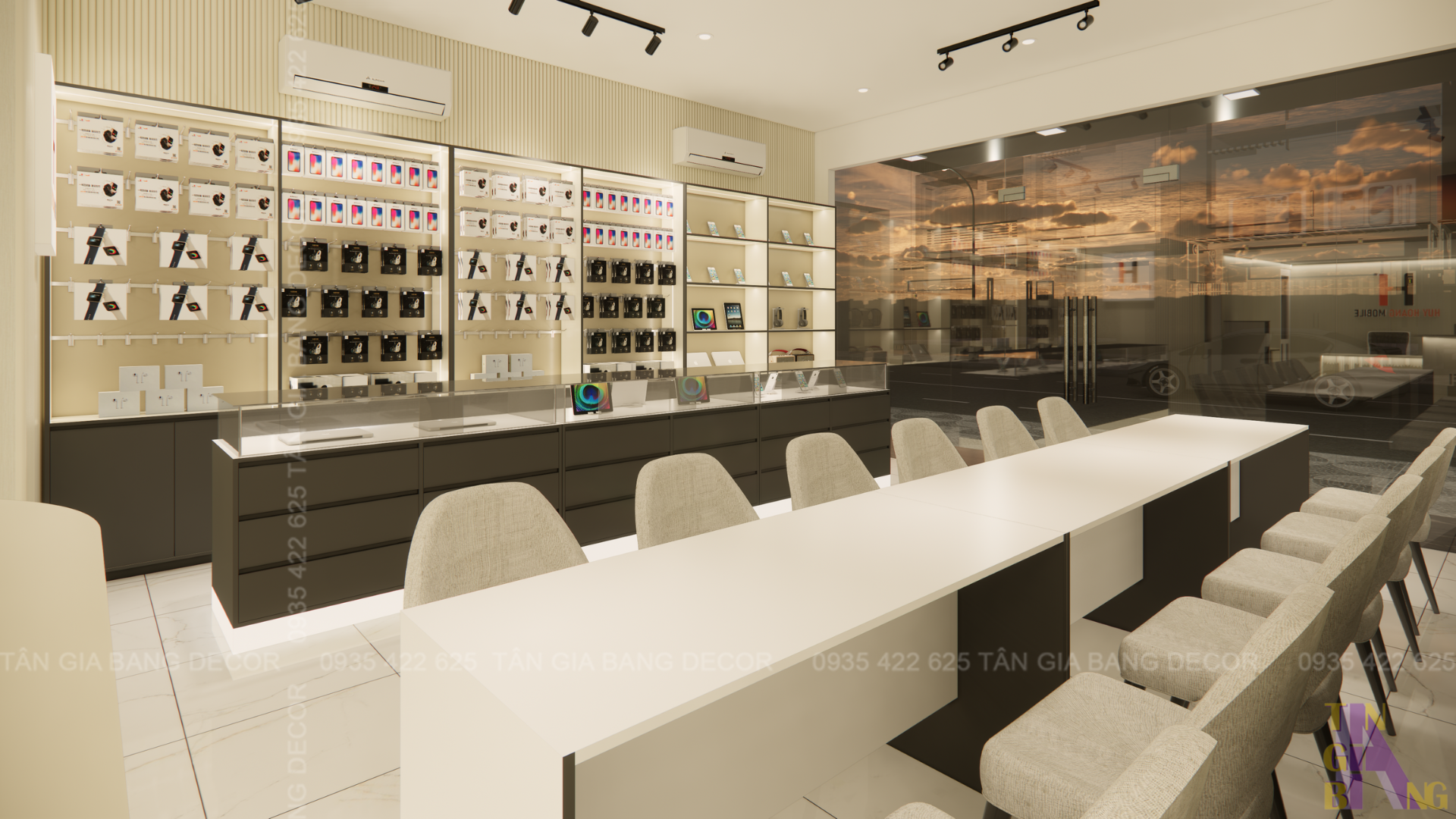 Thiết kế khu vực tư vấn, trao đổi và trưng bày shop điện thoại Huy Hoàng